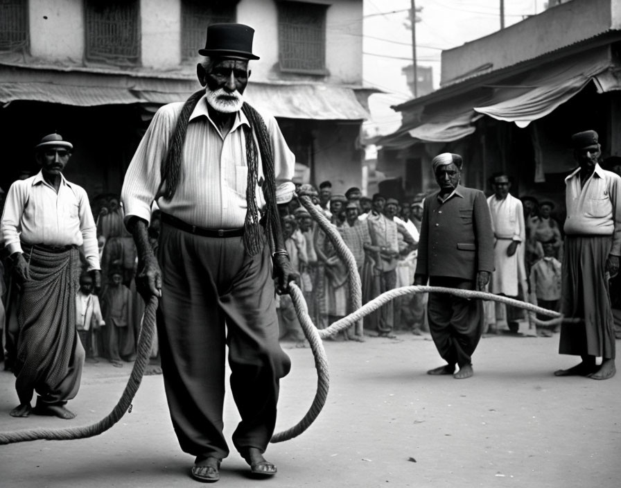 Elderly man with mustache and hat walking with large rope on bustling street