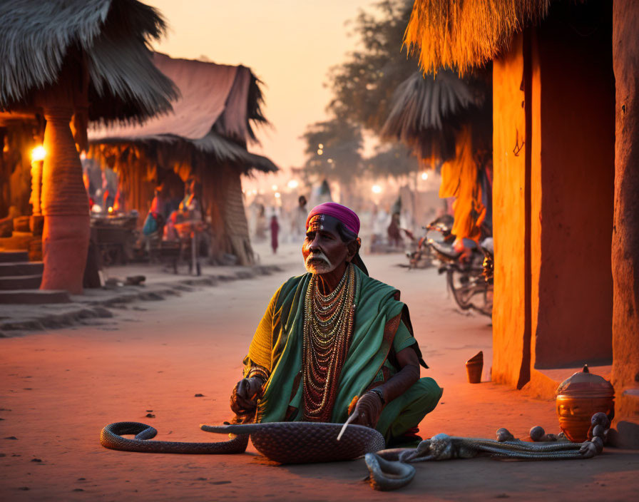 Traditional Indian man performs snake charming ritual at dusk