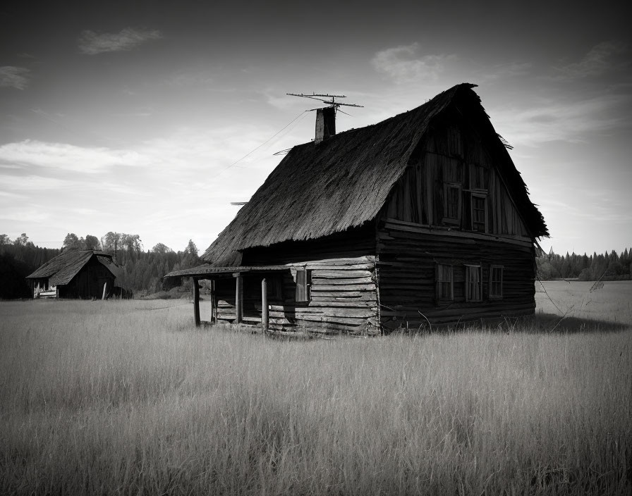 Monochrome image of rundown wooden house in field with thatched roof.