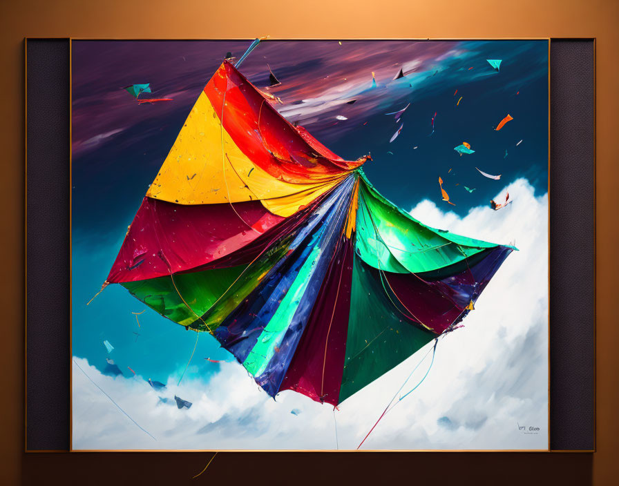 Colorful Umbrellas in Mid-Air Against Painted Sky Background