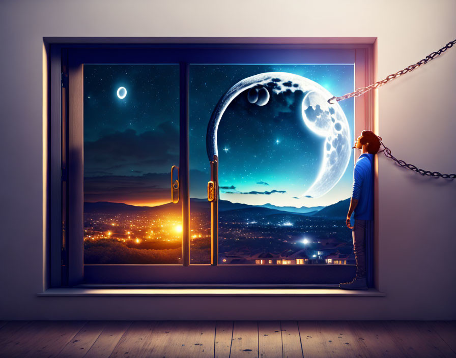 Person gazing at surreal night sky with large moon, crescent moon reflection, and starry landscape