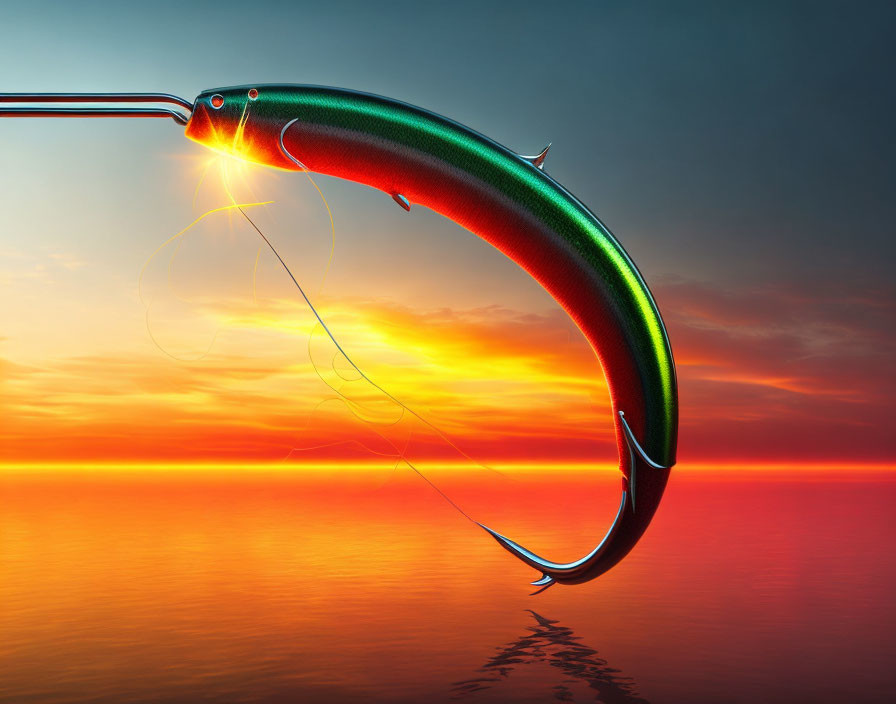 Colorful Fishing Lure Against Vibrant Sunset on Calm Water