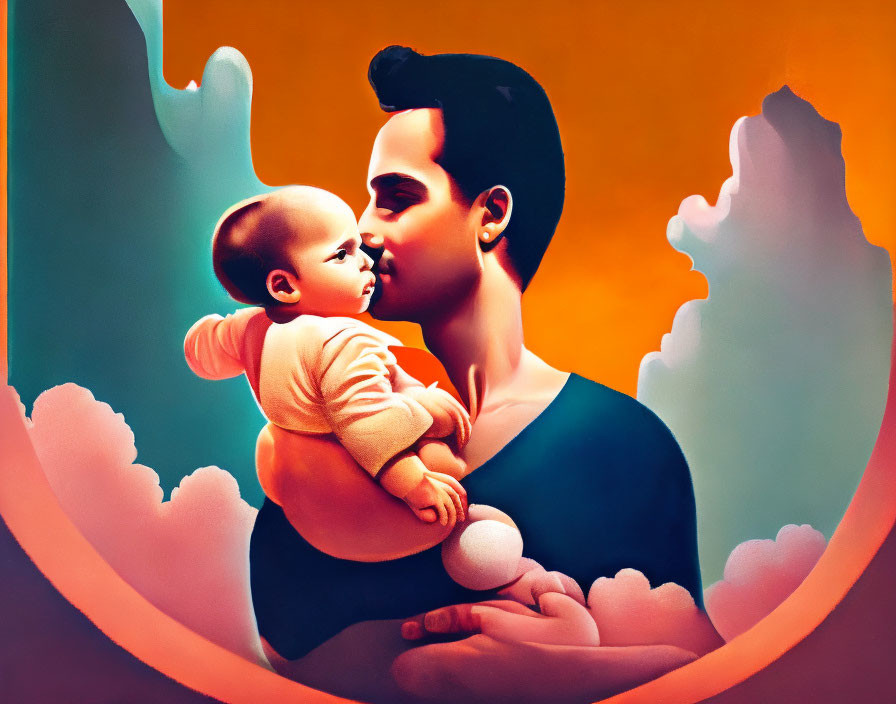 Parent holding baby surrounded by colorful clouds and warm aura