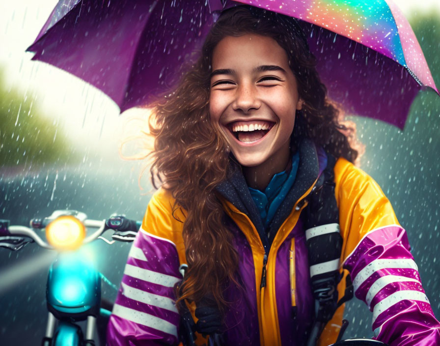 Curly-haired person laughing with umbrella on blue scooter