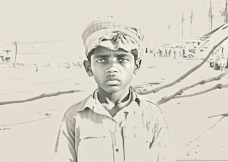 Sepia-Tone Portrait of Young Boy in Desolate Setting