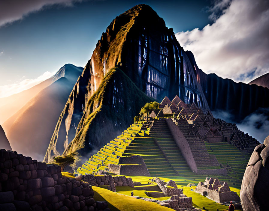 Ancient Incan ruins of Machu Picchu with green mountains and dramatic clouds.