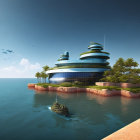 Modern circular design elements on vivid blue waterfront building