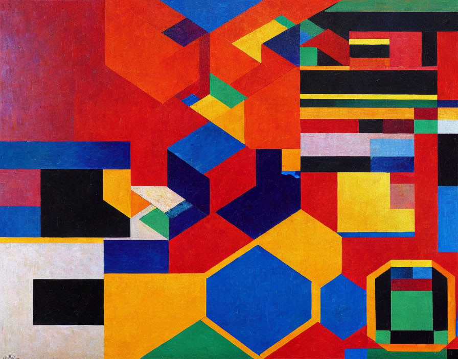 Colorful geometric shapes in abstract painting: rectangles, squares, hexagons in red, blue,