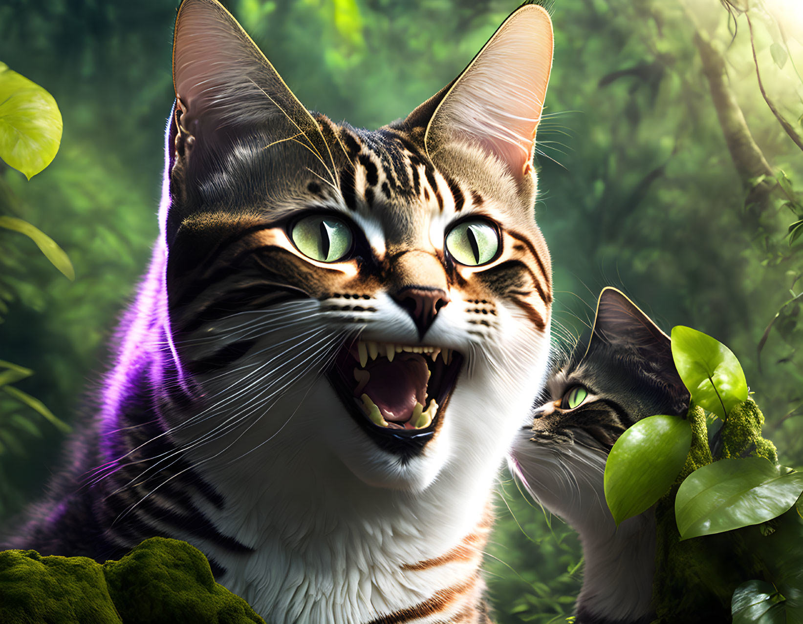 Hyper-realistic digital artwork featuring two cats in a vibrant jungle setting