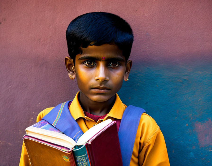 Young boy in yellow shirt and blue vest with backpack reading book against purple and blue wall