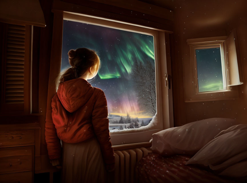 Person in Orange Jacket Gazes at Aurora Borealis from Cabin Window