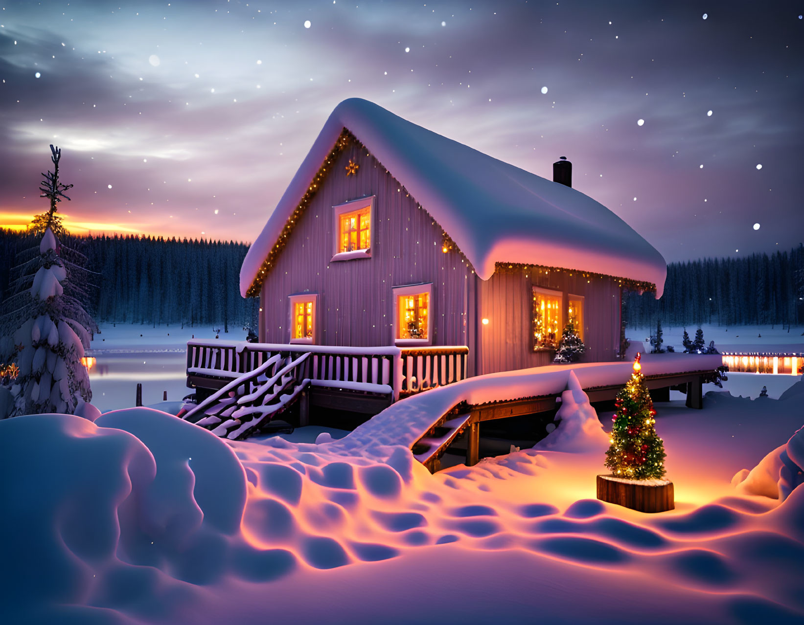 Winter Cabin Decorated with Festive Lights in Snowy Setting