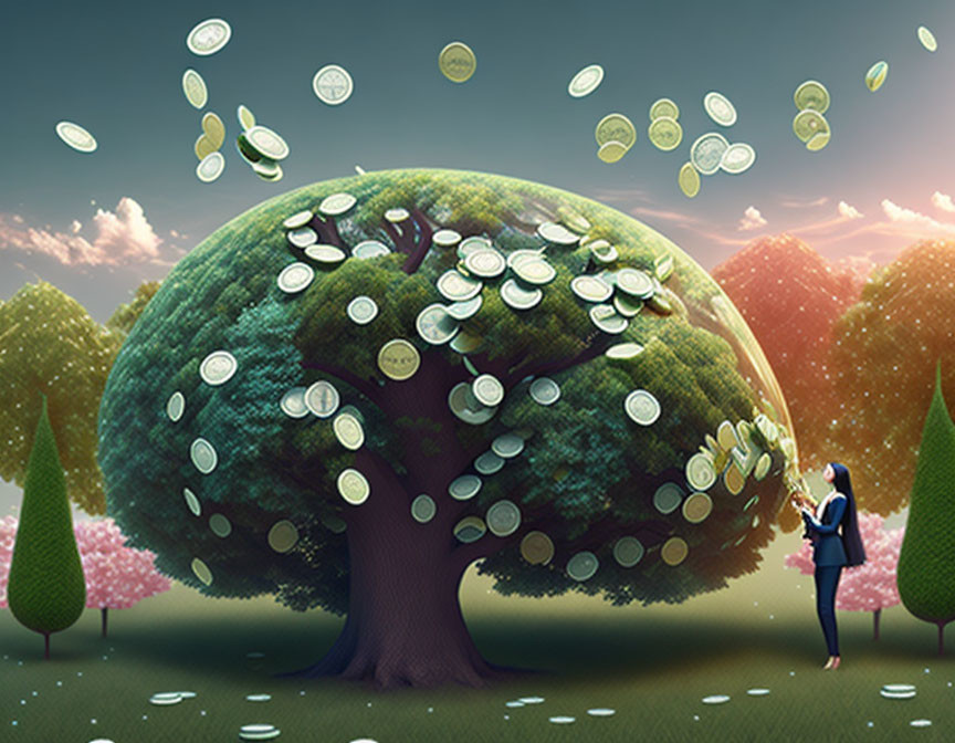 Surreal landscape with person by tree with coin leaves