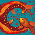 Stylized orange fish with starry patterns in vibrant blue sea