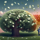 Surreal landscape with person by tree with coin leaves