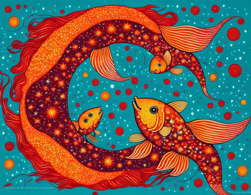 Stylized orange fish with starry patterns in vibrant blue sea