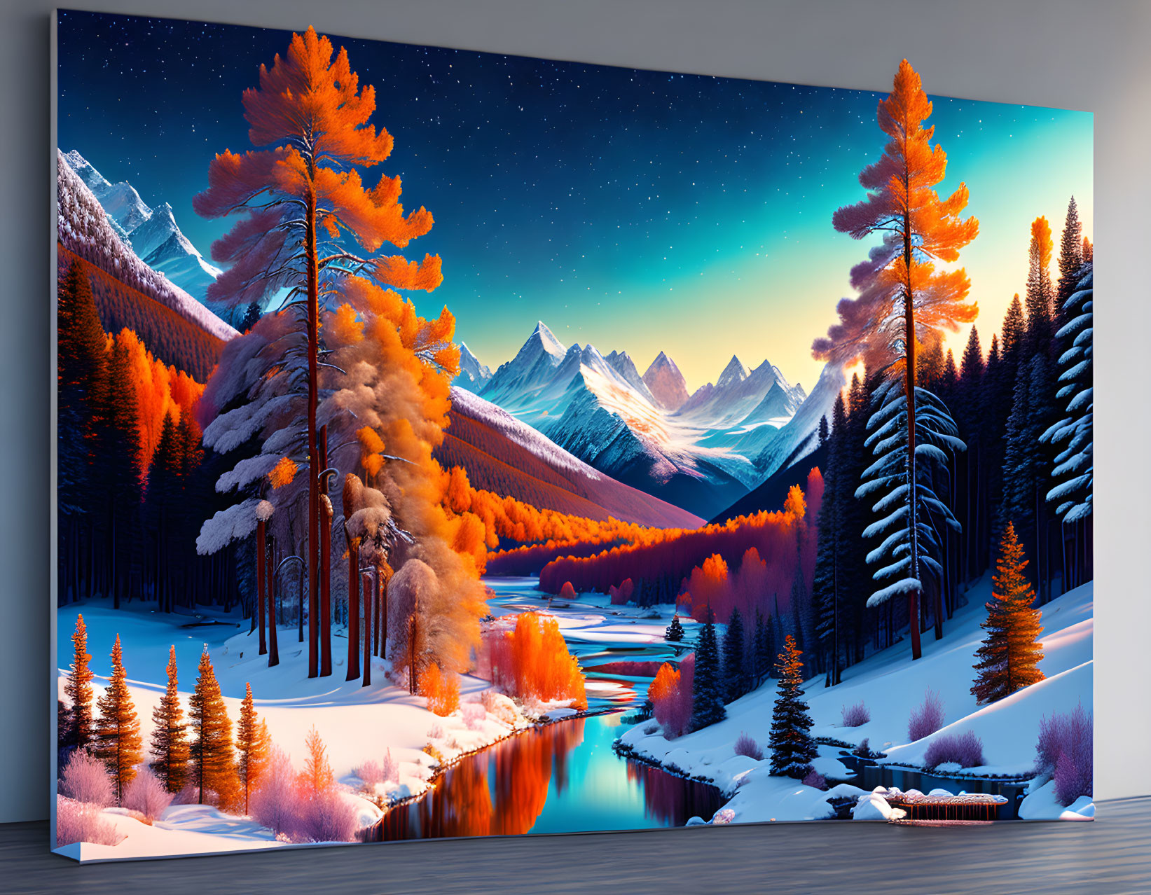 Scenic autumn-winter transition with snow-covered trees and starry night sky