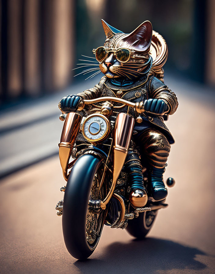 Anthropomorphic cat on vintage motorcycle in street scene