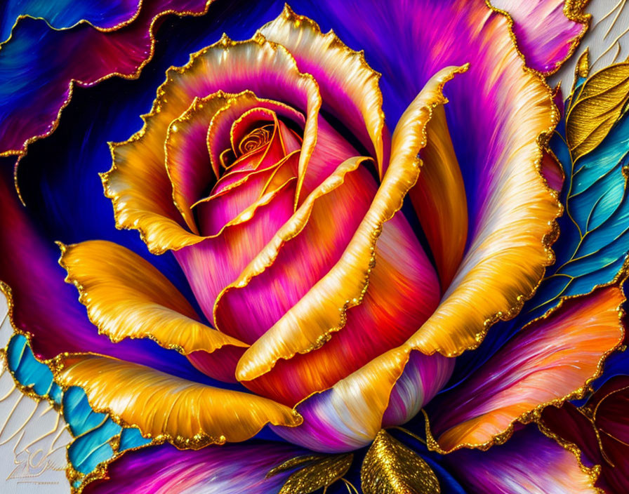 Vibrant digital artwork: dynamic rose in purples, blues, yellows