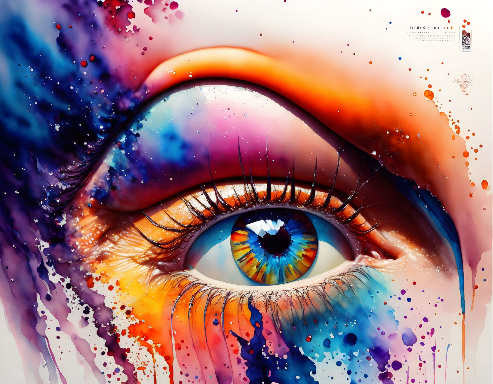 Colorful Close-Up Eye Artwork with Blue, Orange, and Purple Splashes