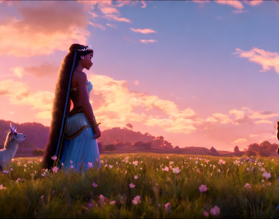 Animated princess with long hair and white horse in sunset meadow