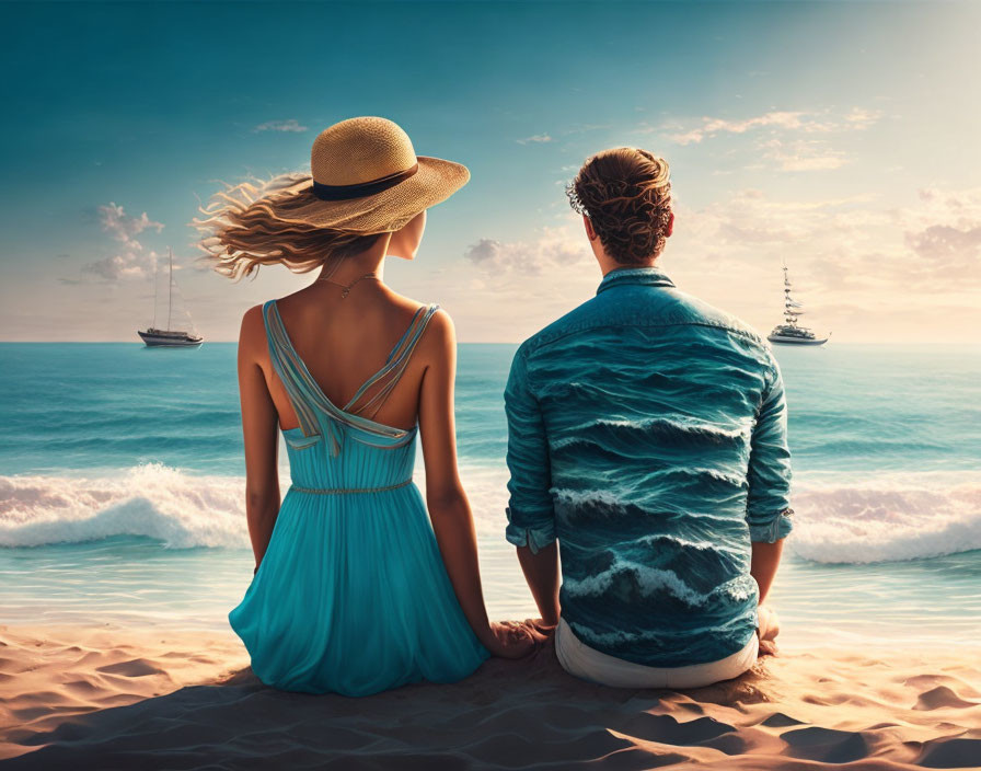 Two individuals in blue attire sitting on beach with boats on horizon