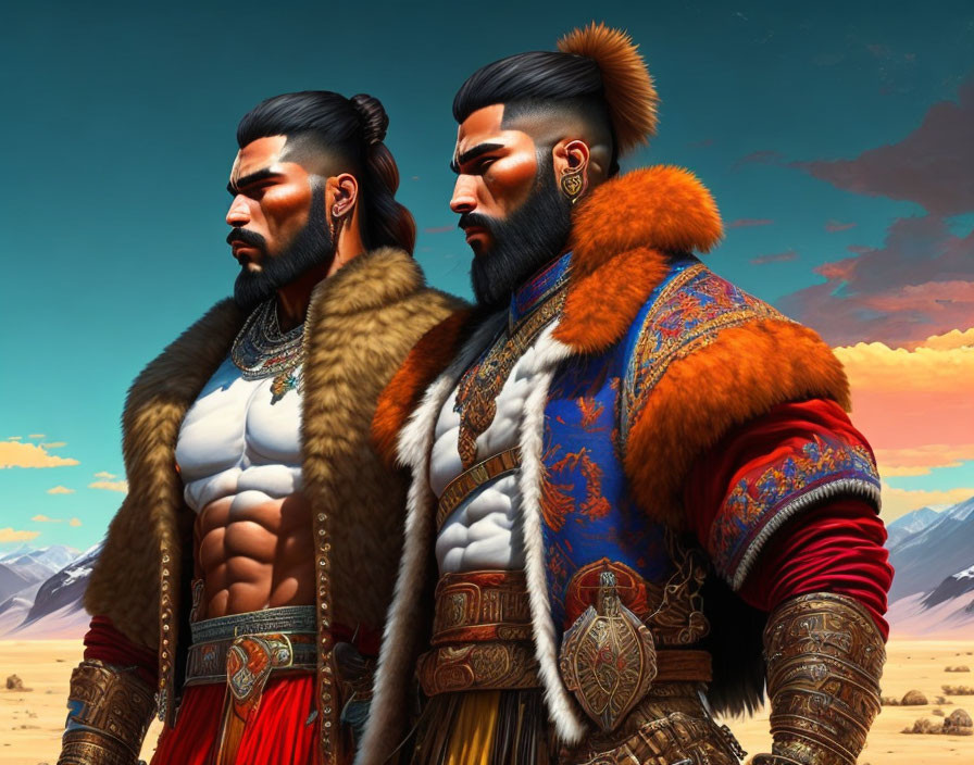 Ornately armored male warriors in desert landscape