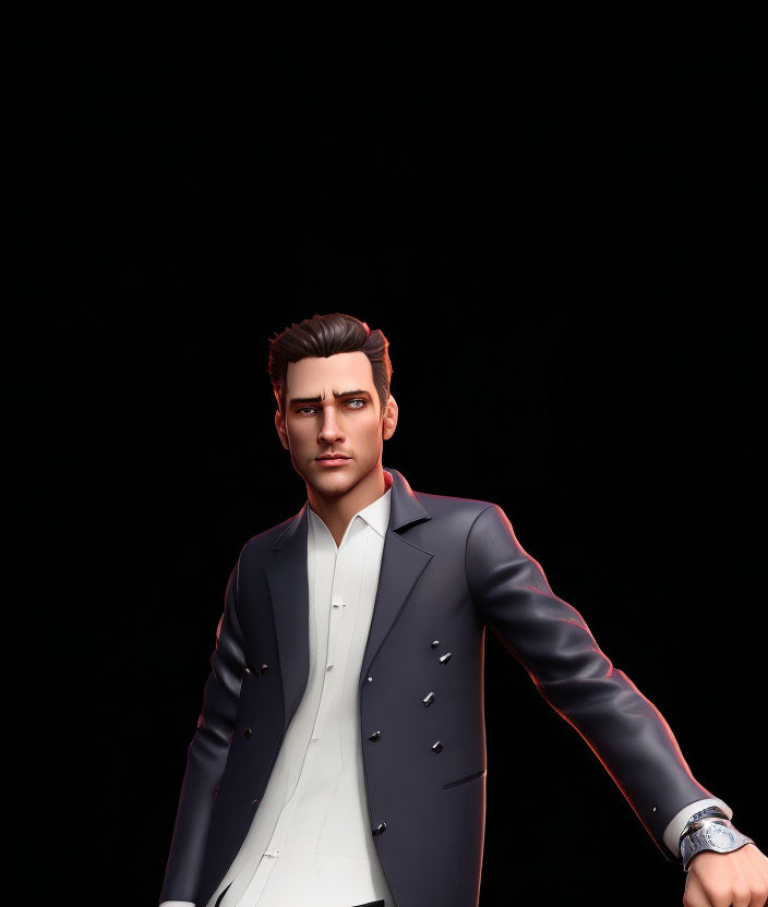 Stylized man in modern suit with watch on dark background