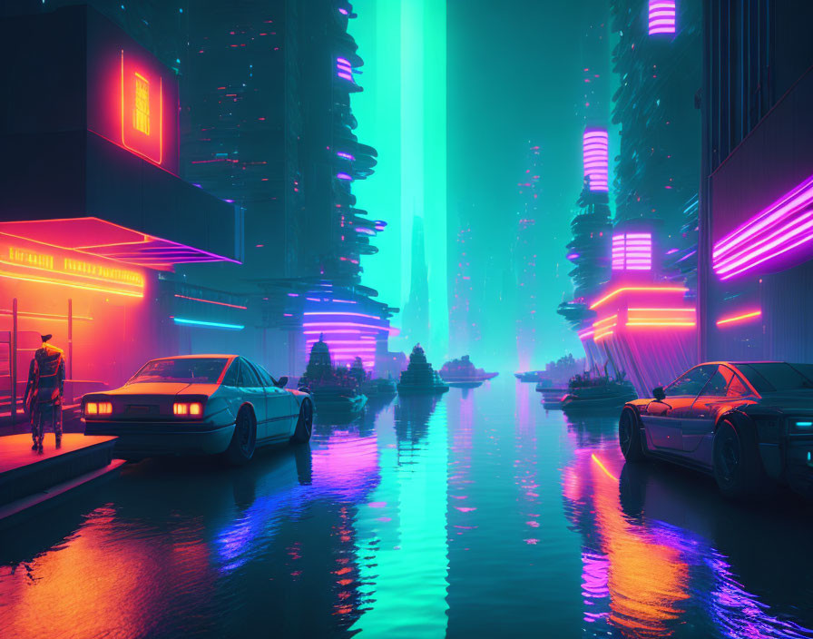 Futuristic neon-lit cityscape with glowing blue tower & retro-futuristic cars