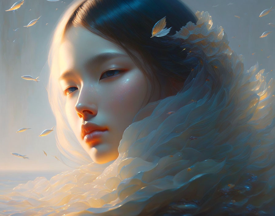 Person portrait with ethereal glow and floating feathers.