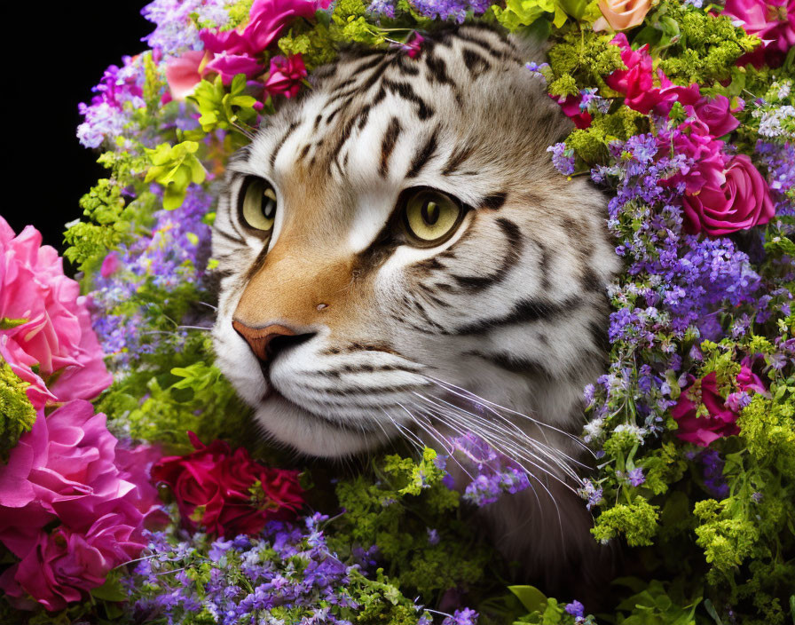 Colorful Flowers Surrounding White Tiger's Face on Black Background