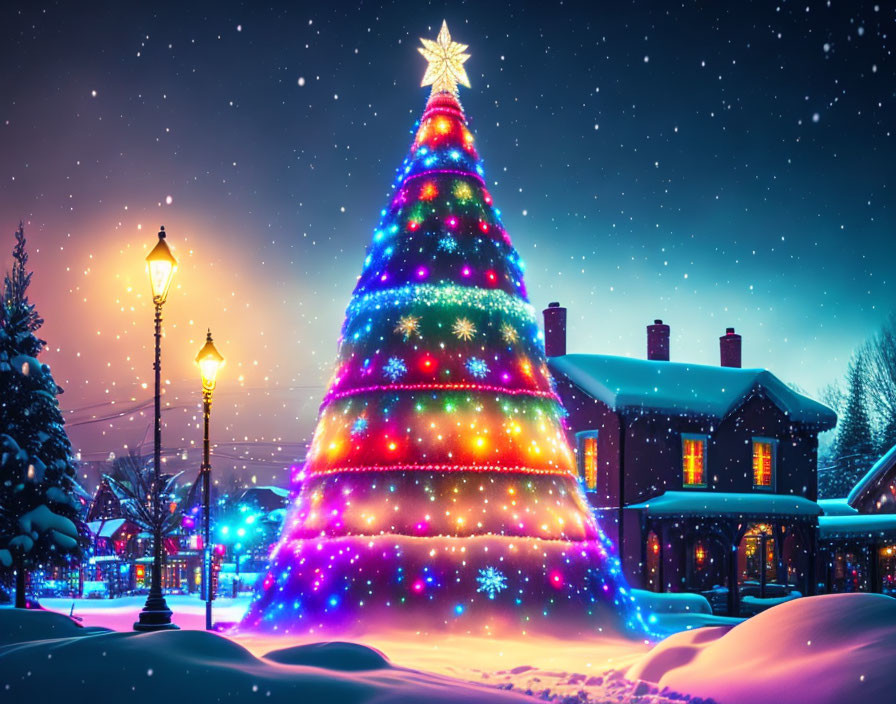 Colorful lights on Christmas tree with star topper, snow, cozy houses at night