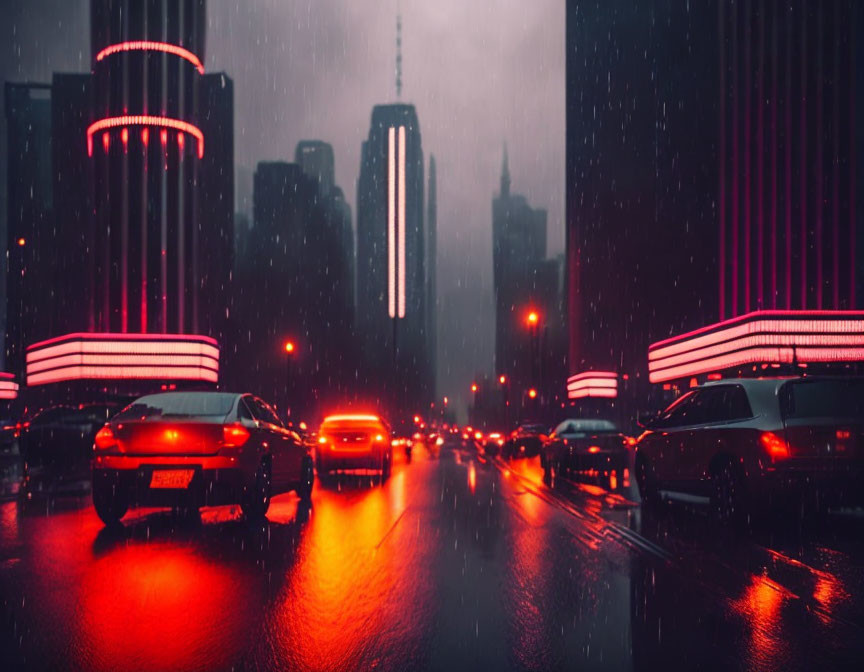 City Street at Night: Rain-slicked with Neon and Brake Lights