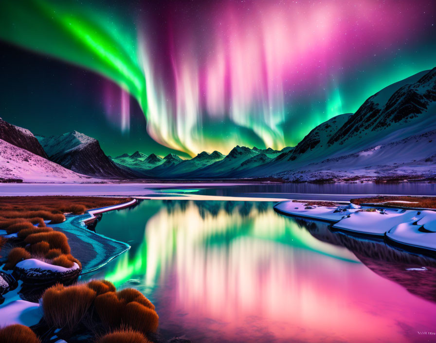 Northern Lights Reflecting Over Snowy Mountains and River at Night