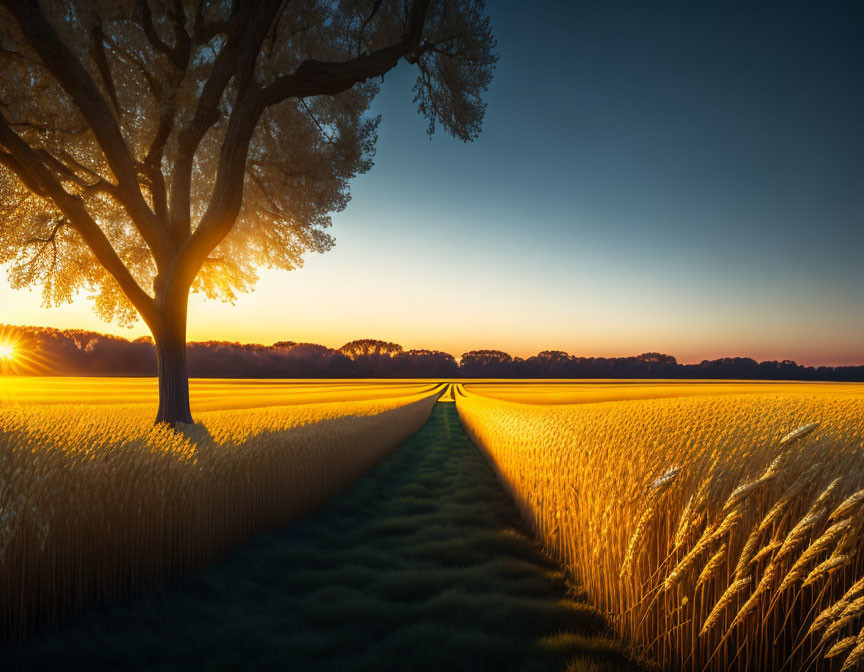 Vibrant sunrise over central path in golden wheat field with tree silhouette