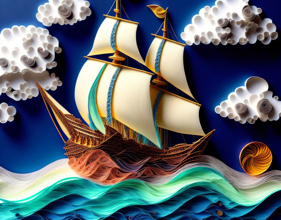 Stylized ship sailing on blue and white striped seas