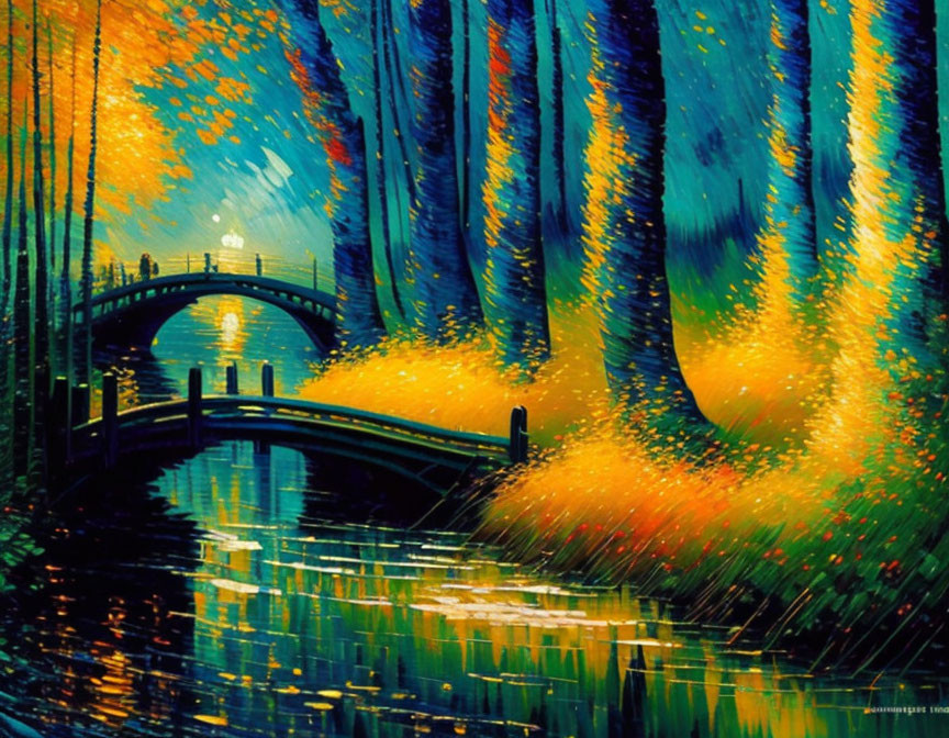 Impressionist-style painting: Bridge over river, ethereal trees, colorful leaves, twilight sky