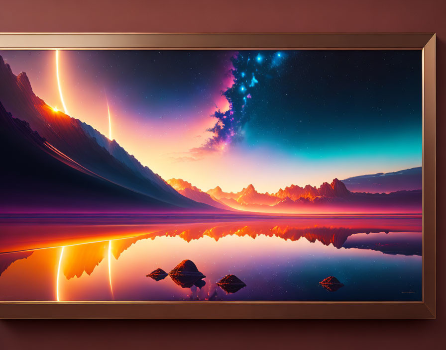 Digital art: Vibrant sunset over calm lake with starry sky, silhouetted mountains,