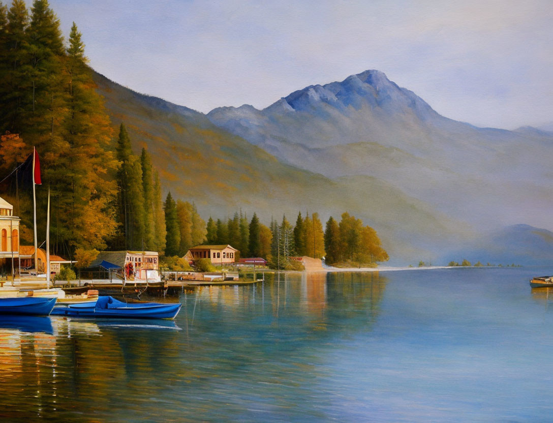 Tranquil lake sunset with boats, dock, autumn trees, misty mountains.