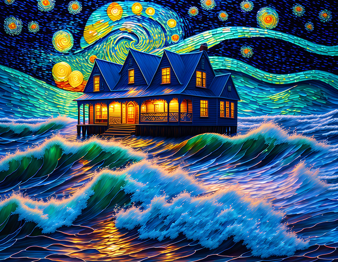 Vibrant blue house amid tempestuous waves under swirling starry sky