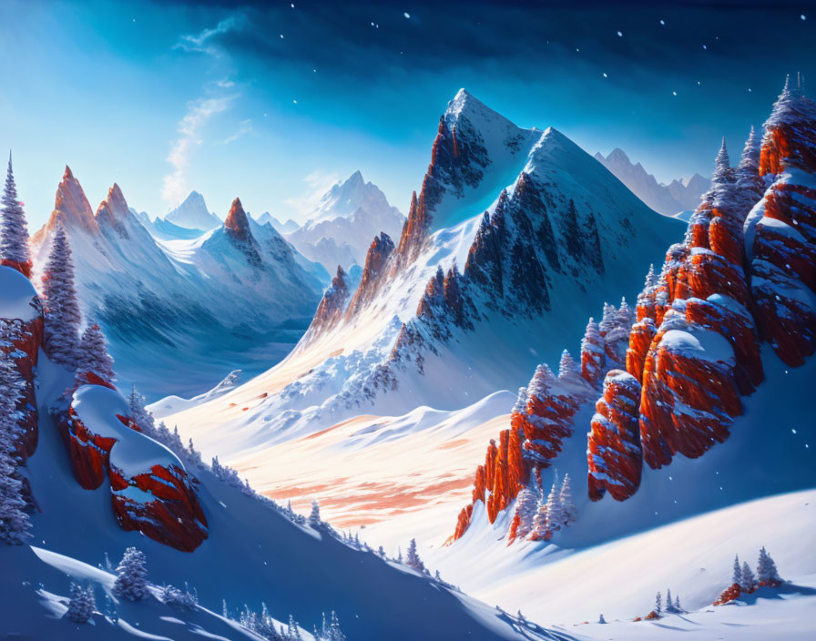 Twilight winter landscape with snow-covered peaks and orange trees