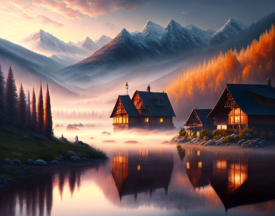 Dawn lakeside view: illuminated houses, mist, orange forest, snowy mountains