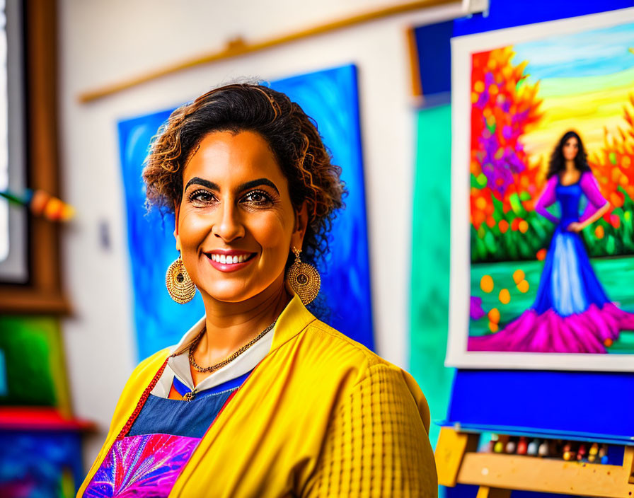 Colorful portrait of smiling woman with curly hair and vibrant clothing in front of artistic paintings.