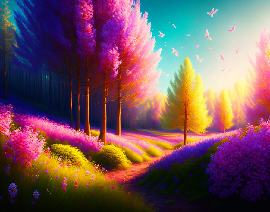 Colorful Landscape with Flora, Butterflies, Trees, and Sunlit Glade