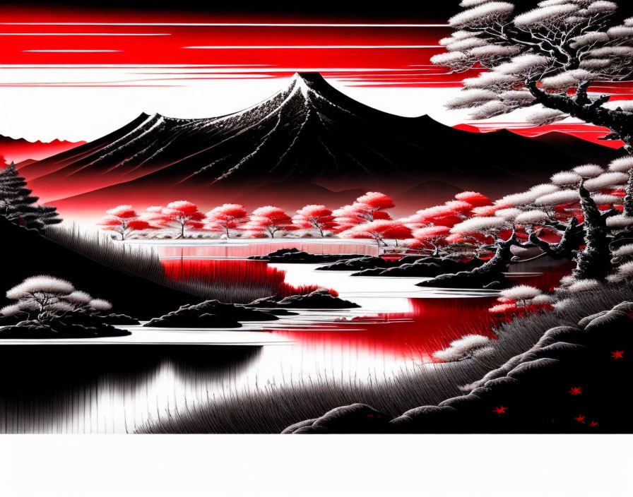 Stylized red and black landscape with snow-covered Mount Fuji and reflective lake