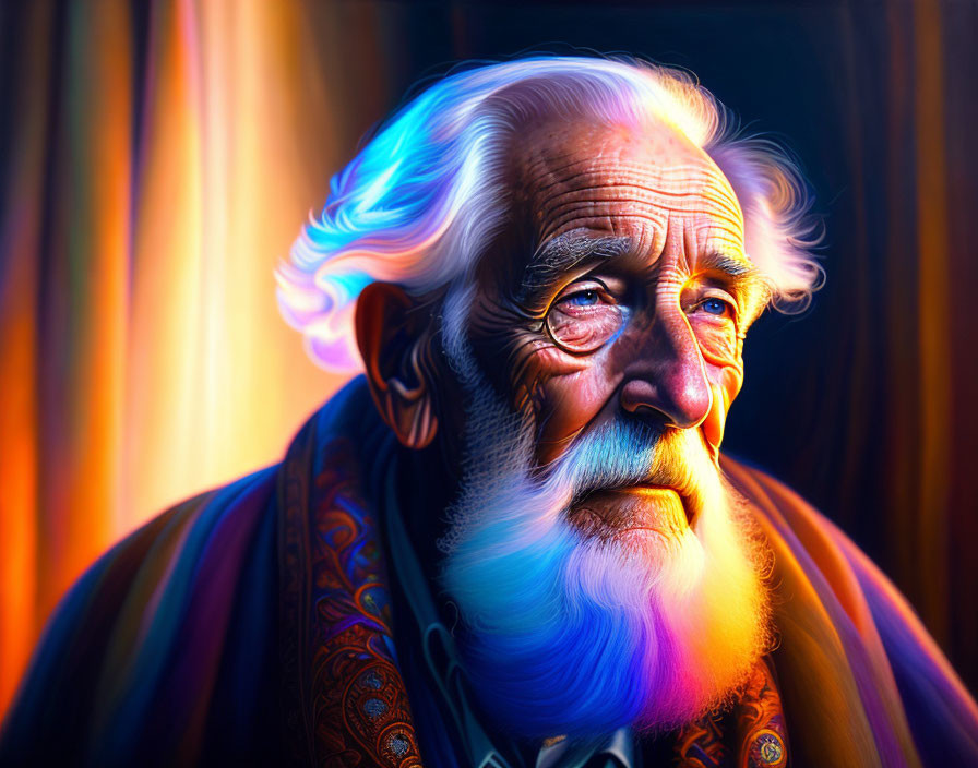 Vibrant portrait of elderly man with white beard and contemplative expression