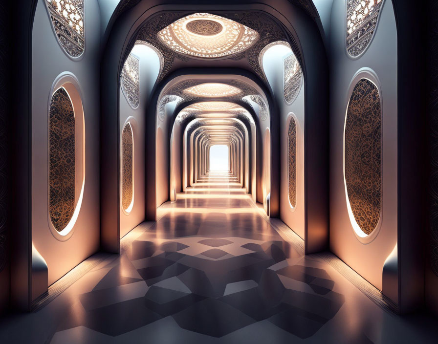 Symmetrical ornate hallway with arched doorways and warm lighting