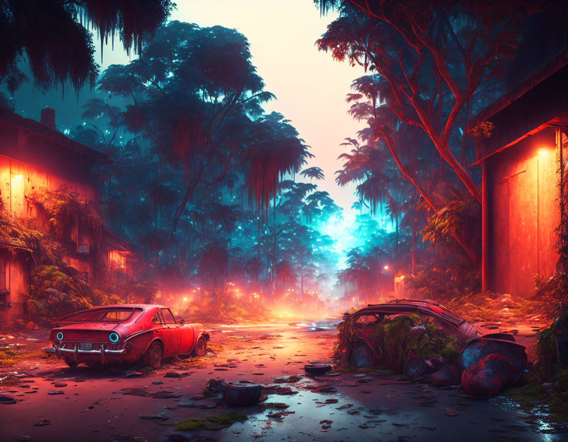 Desolate street scene with abandoned cars and neon lights