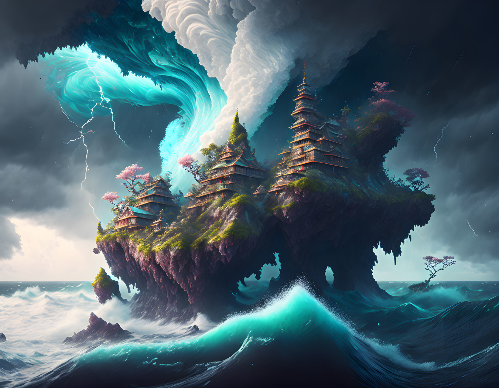 Floating islands with pagodas in stormy sea with swirling clouds and lightning.