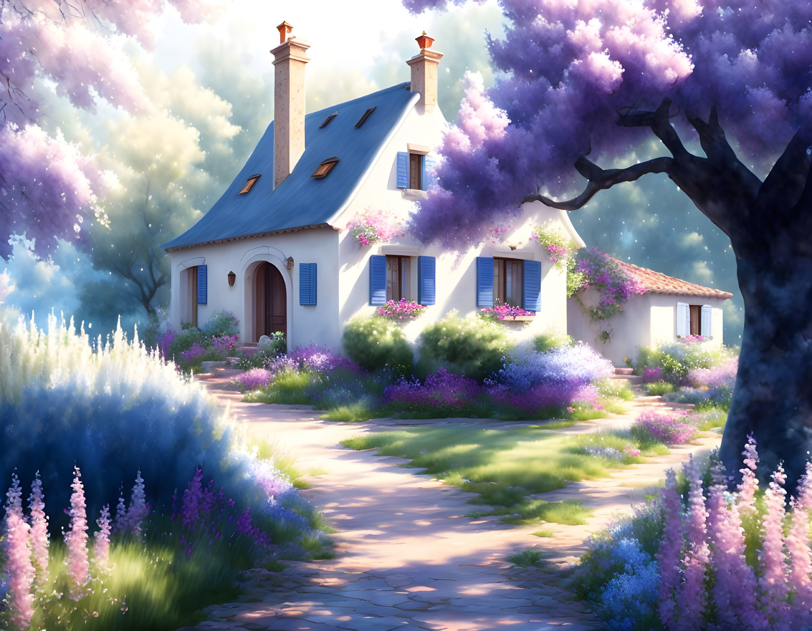 Scenic countryside house with purple flowering trees and stone path